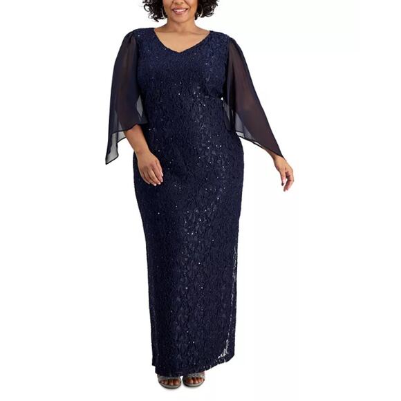 CONNECTED APPAREL Embellished Lace Gown 16W Navy Blue 3/4-Sleeve NWOT - Picture 1 of 11